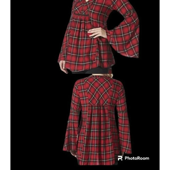 Lola P. Women’s L Boho Peasant Plaid Lace Trimmed Bell Sleeve Tunic Relaxed NWT - Picture 7 of 14
